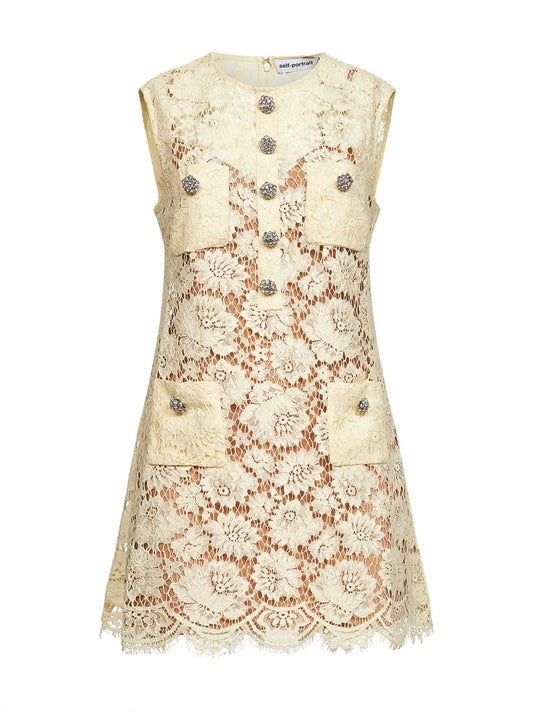 Yellow floral lace mini dress