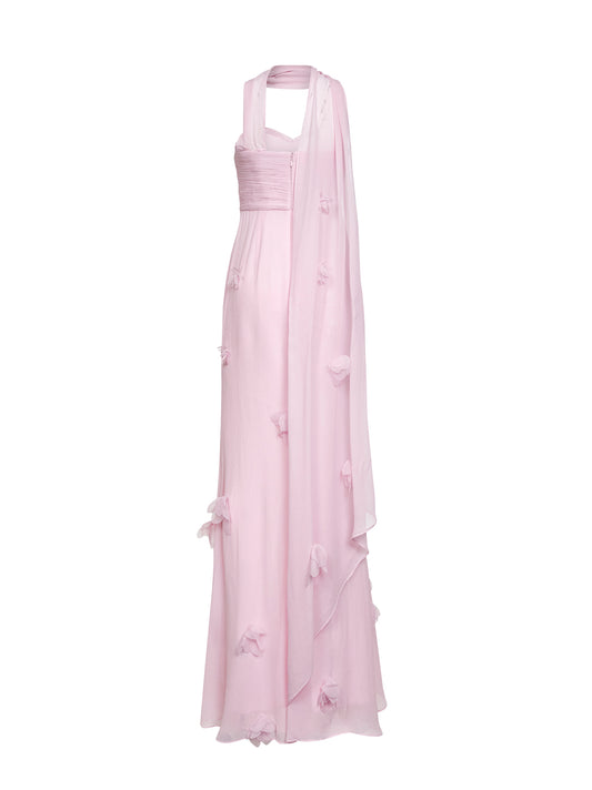 Abito lungo con sciarpa in georgette rosa