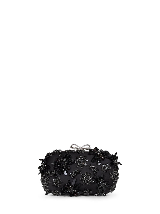 Black floral crystal clutch bag with strap