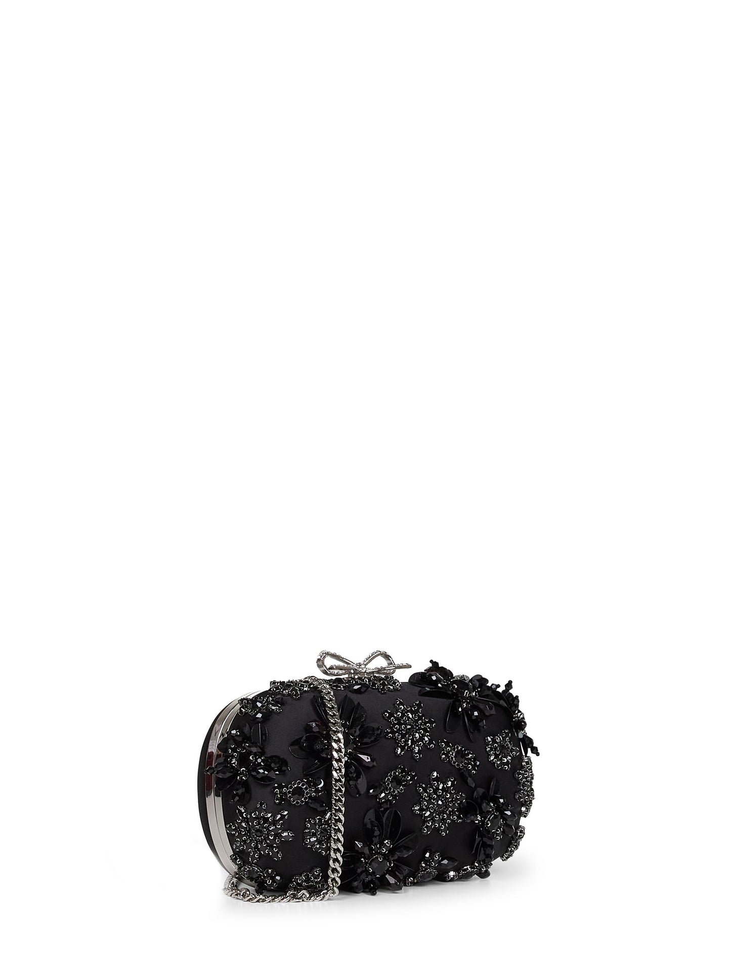 Black floral crystal clutch bag with strap