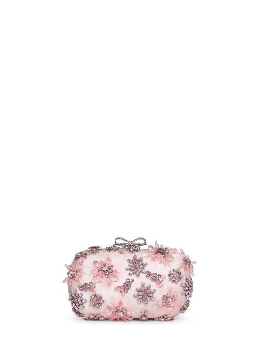 Pink floral crystal clutch bag with strap