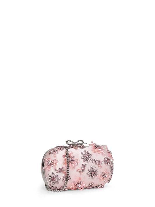 Pink floral crystal clutch bag with strap