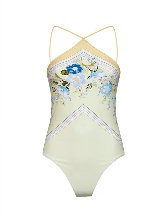 Yellow scarf-inspired floral-print jersey one-piece swimsuit