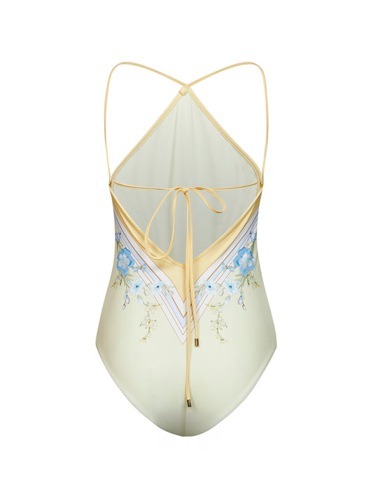 Yellow scarf-inspired floral-print jersey one-piece swimsuit