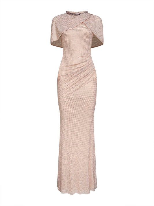 Champagne rhinestone stretch tulle maxi dress