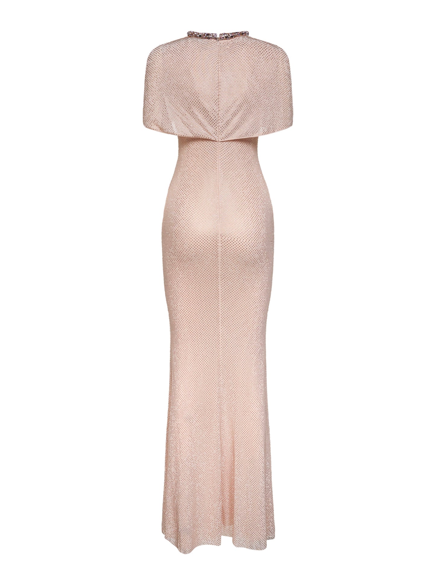 Champagne rhinestone stretch tulle maxi dress