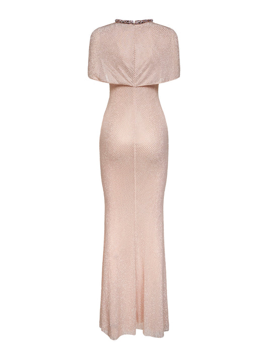Champagne rhinestone stretch tulle maxi dress