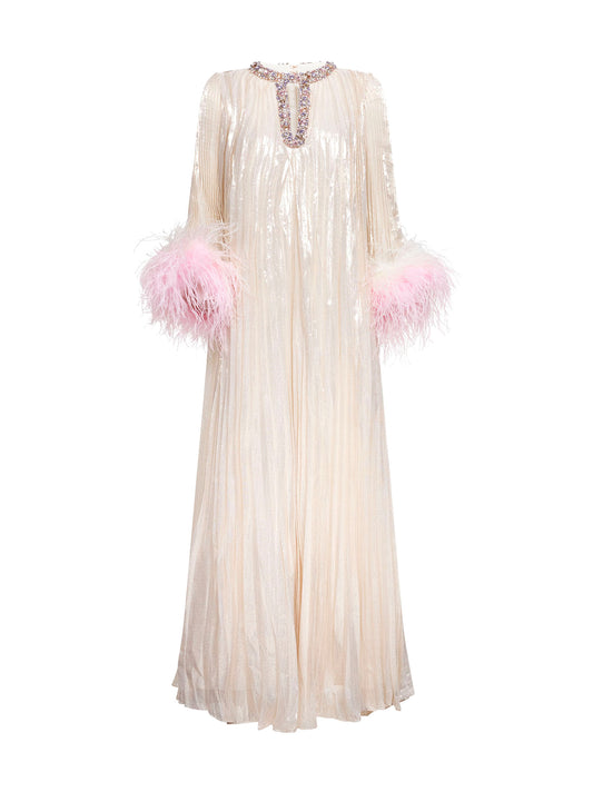 Champagne metallic pleated caftan maxi dress