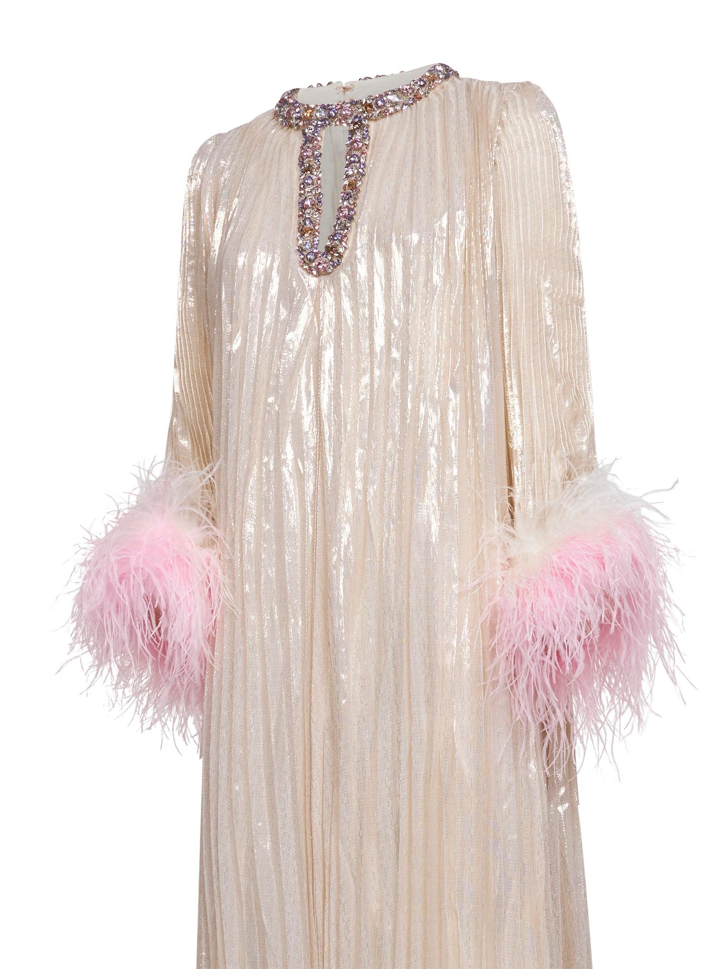 Abito a caftano lungo plissettato metallizzato champagne