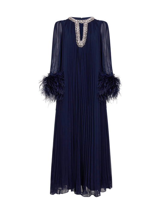 Navy blue pleated chiffon kaftan midi dress