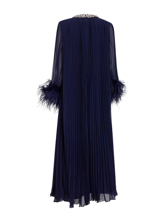 Navy blue pleated chiffon kaftan midi dress