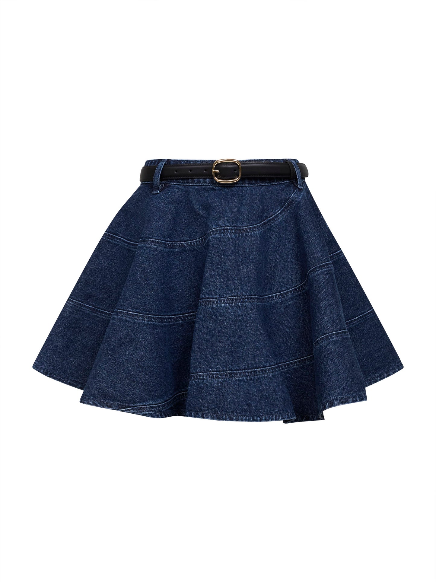 Minigonna svasata con cintura in denim blu<BR/>