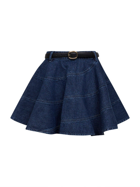 Blue denim belted flared mini skirt