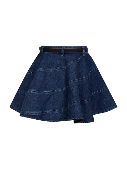 Blue denim belted flared mini skirt