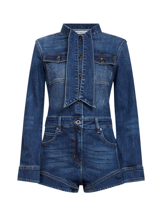 Tuta corta in denim stretch blu con ruches