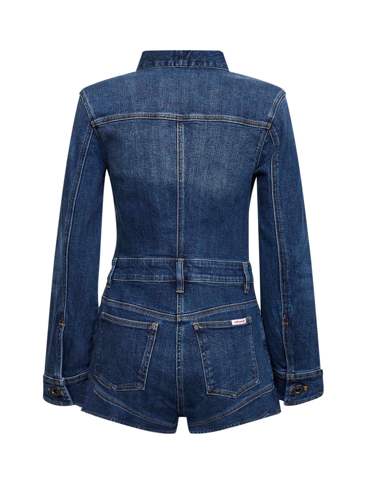 Tuta corta in denim stretch blu con ruches