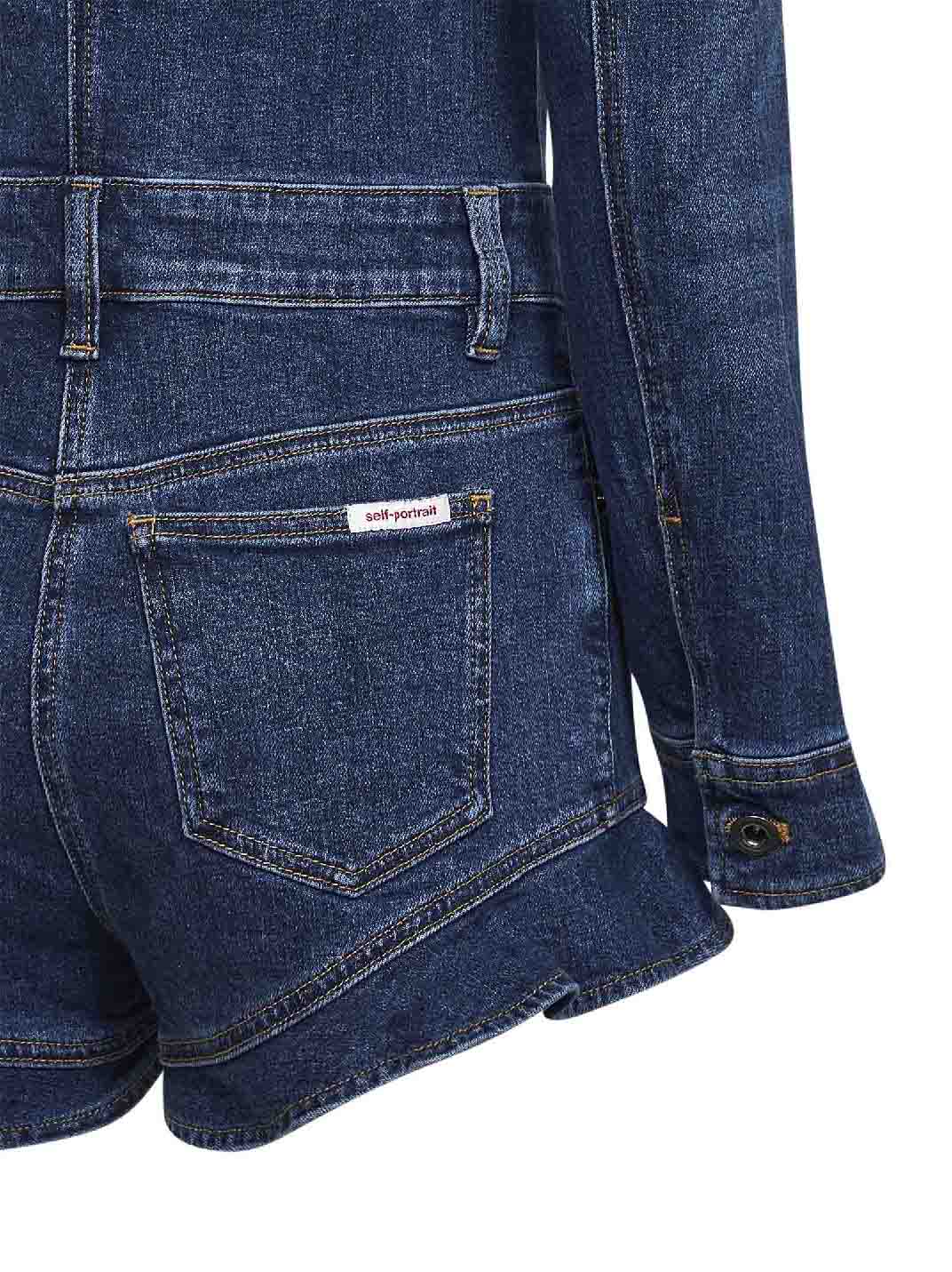 Tuta corta in denim stretch blu con ruches