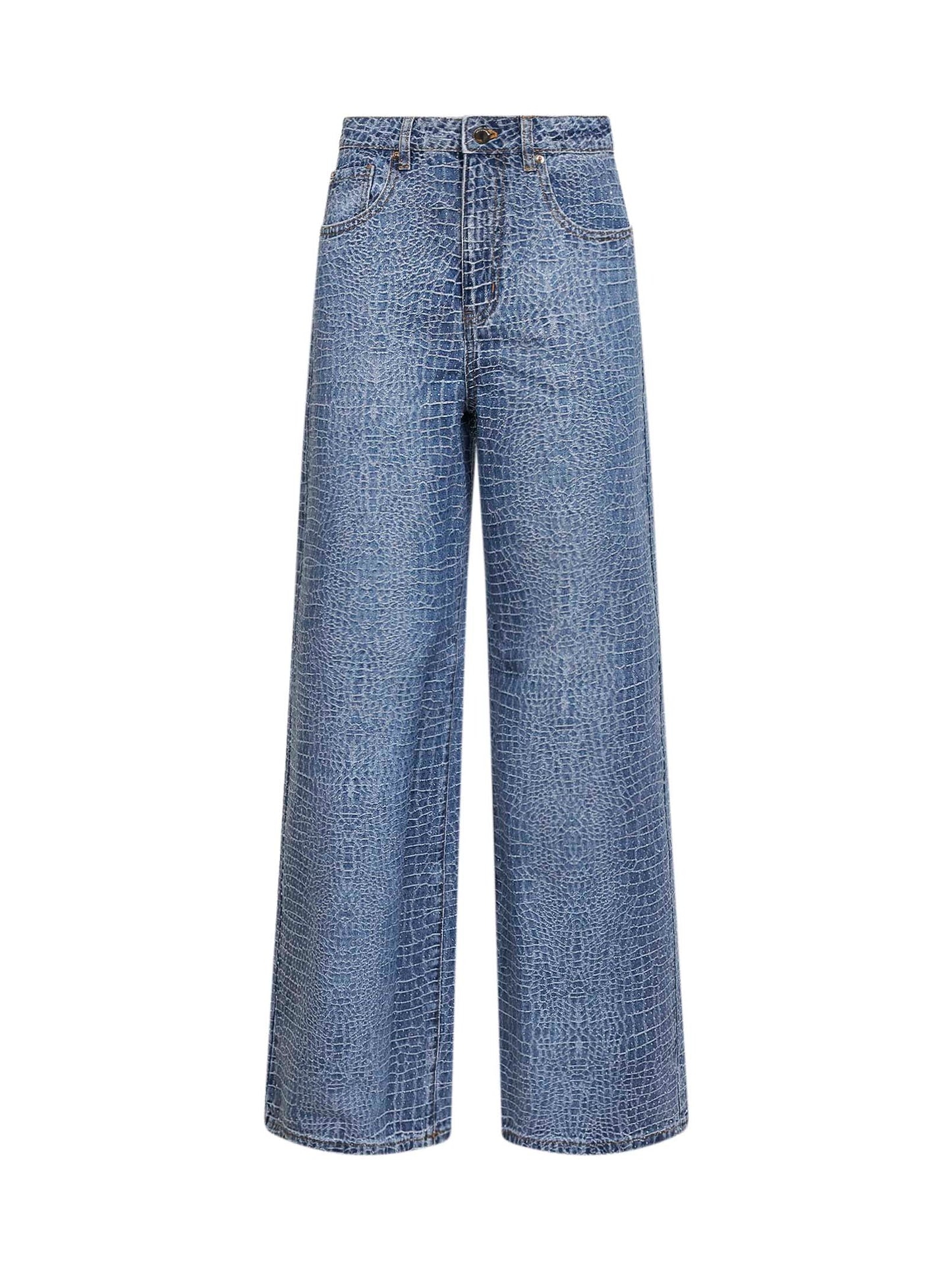 Jeans in denim stretch effetto coccodrillo blu con strass <BR/>