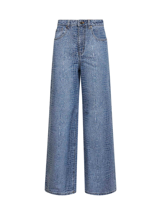Jeans in denim stretch effetto coccodrillo blu con strass <BR/>