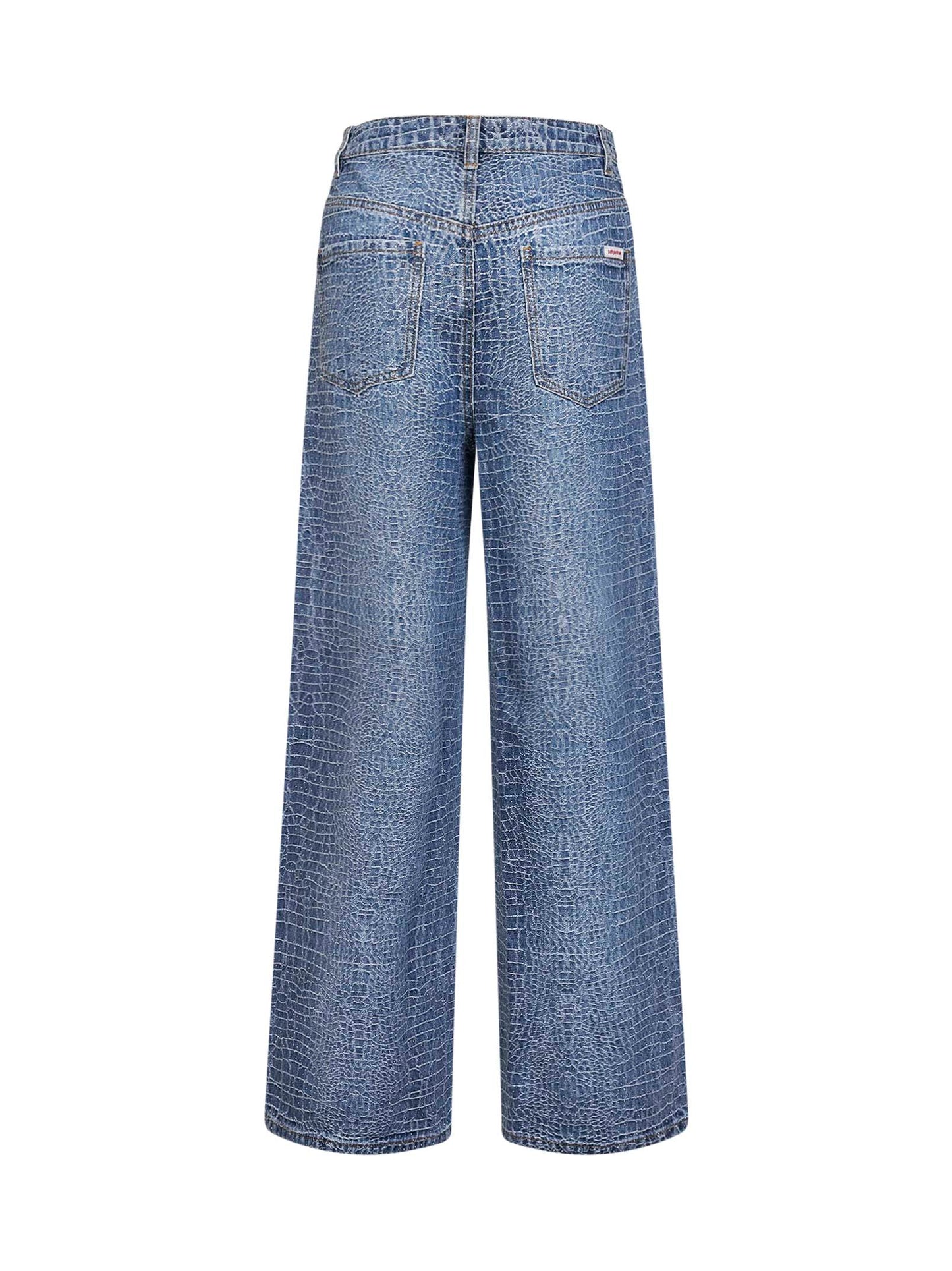 Jeans in denim stretch effetto coccodrillo blu con strass <BR/>