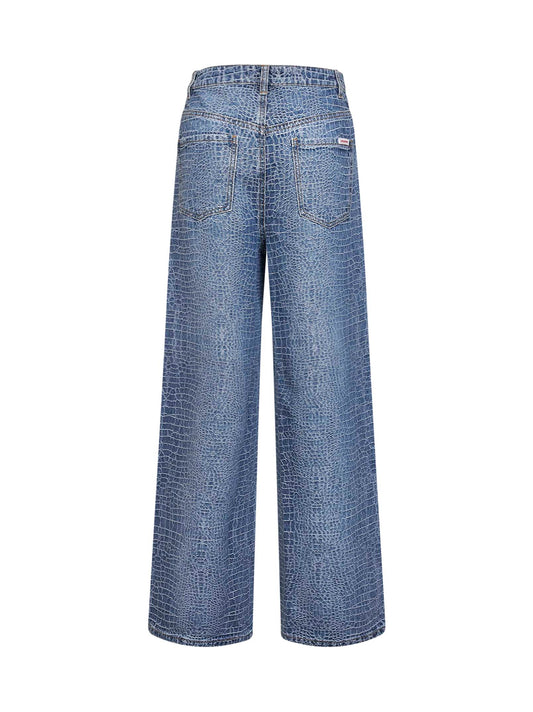 Jeans in denim stretch effetto coccodrillo blu con strass <BR/>