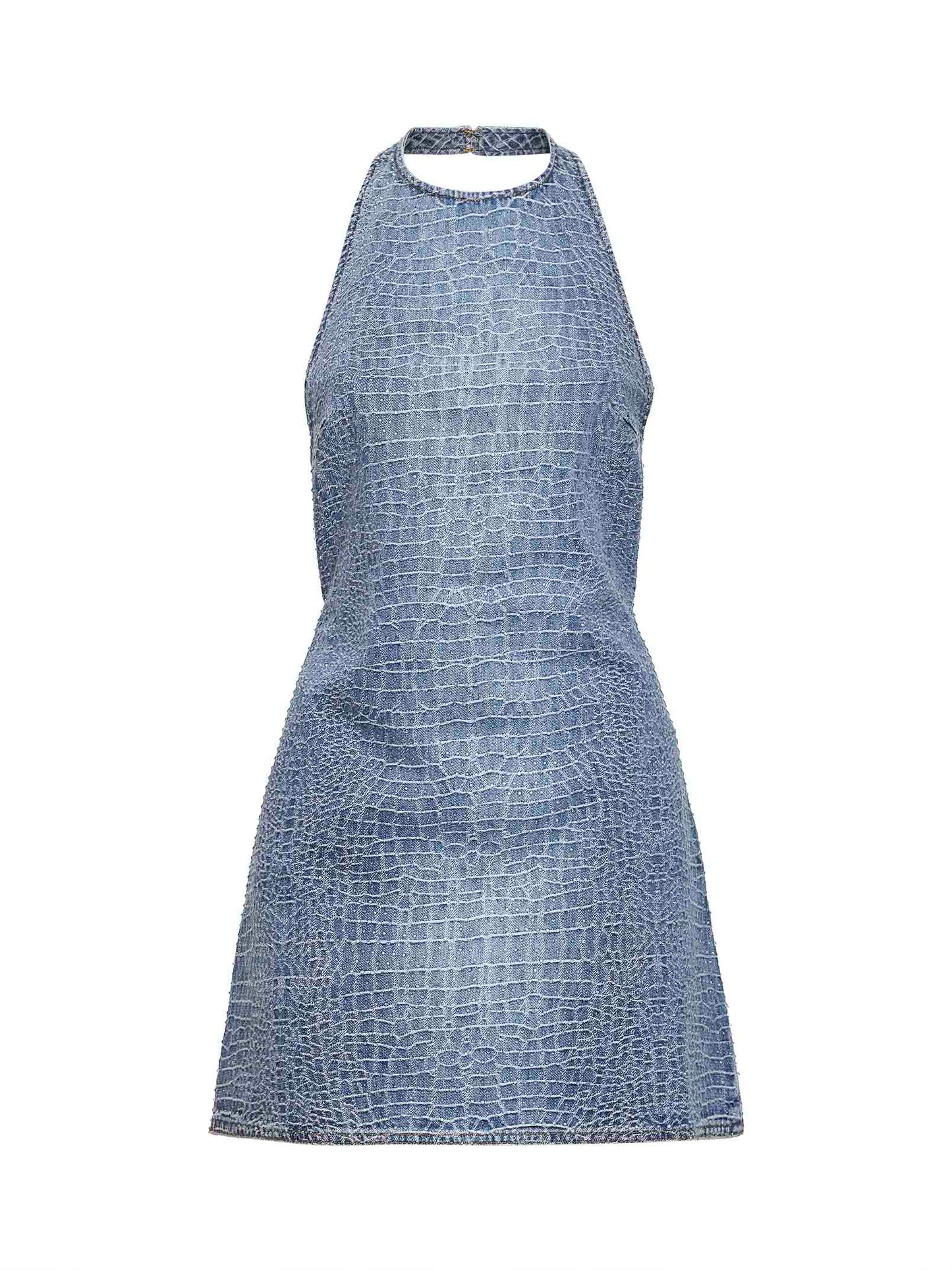 Miniabito in denim effetto coccodrillo blu con strass