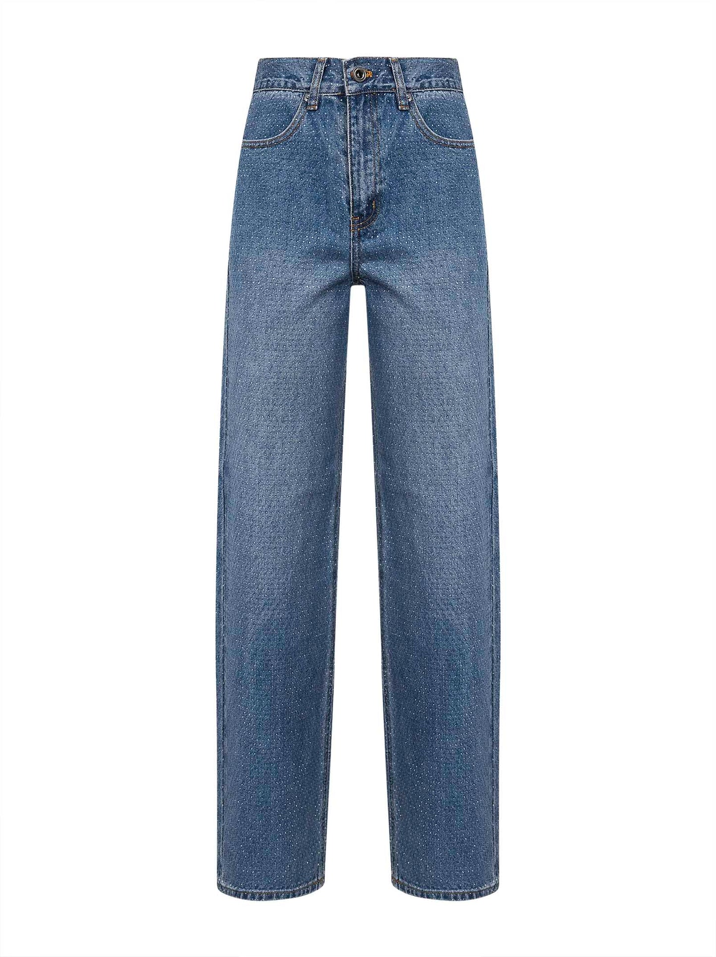 Jeans dritti in denim con strass blu