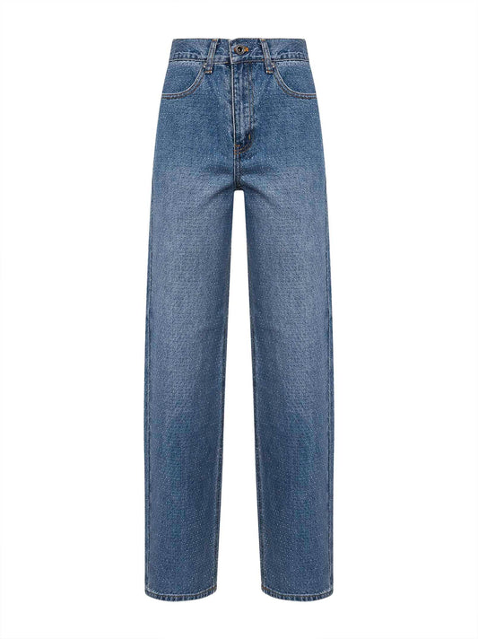 Blue rhinestone denim straight jeans