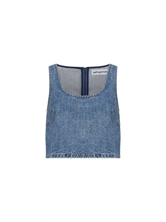 Blue rhinestone denim crop top