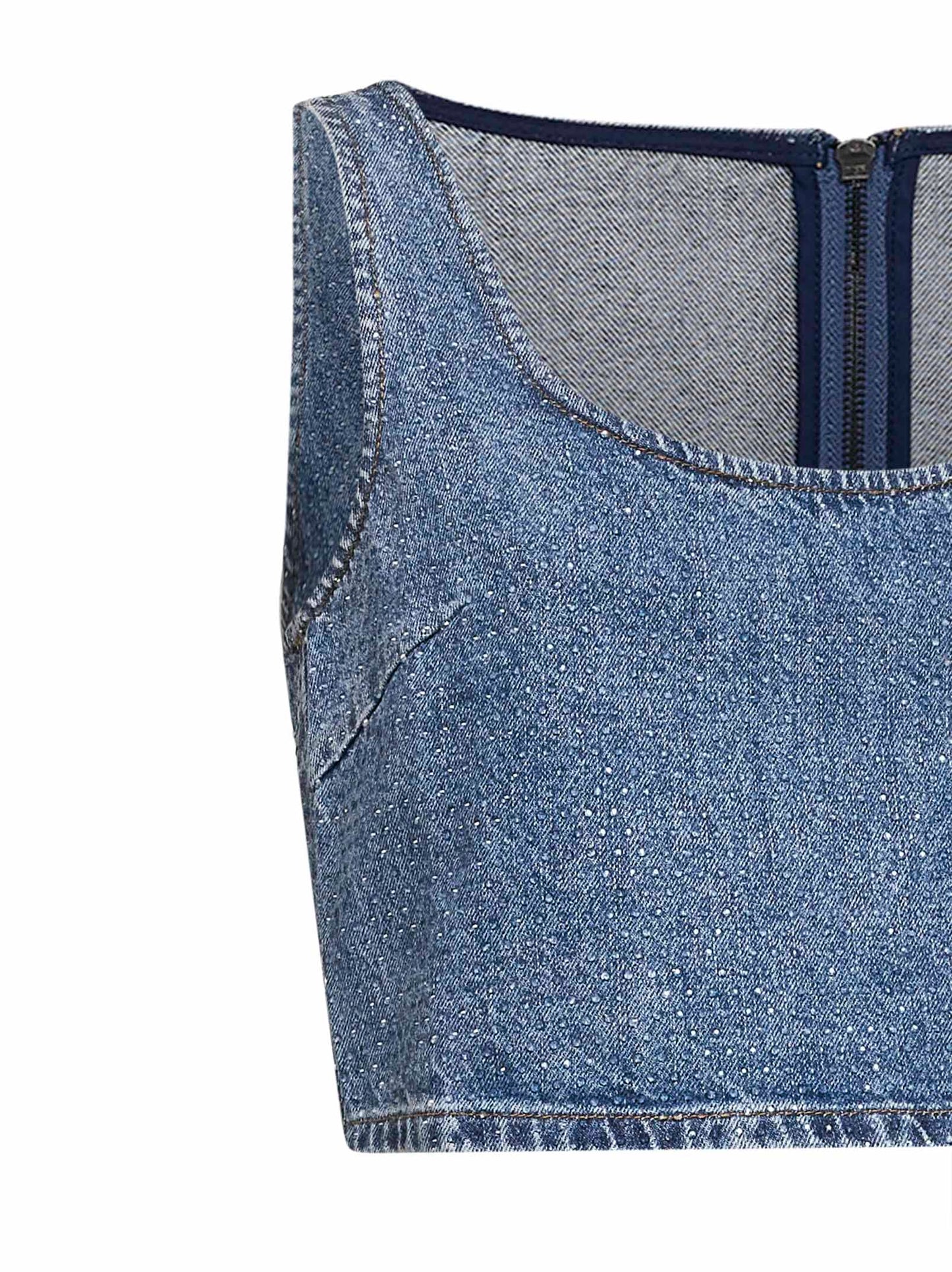 Blue rhinestone denim crop top