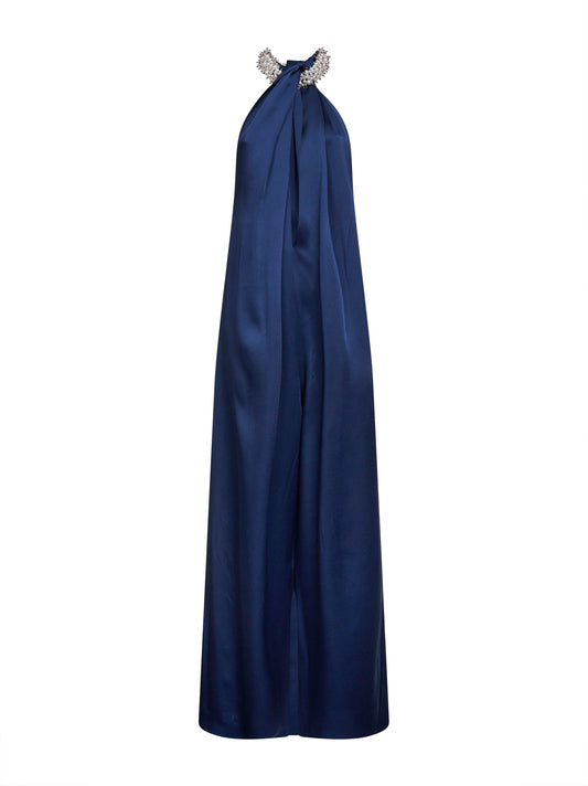 Navy blue envers satin pearl-embellished jumpsuit