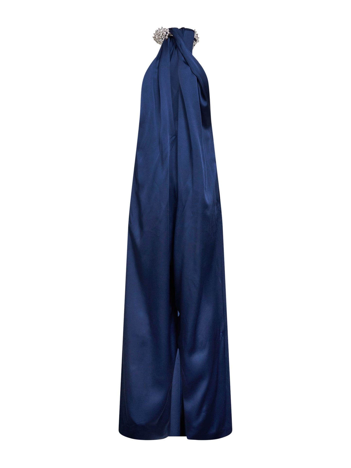 Navy blue envers satin pearl-embellished jumpsuit