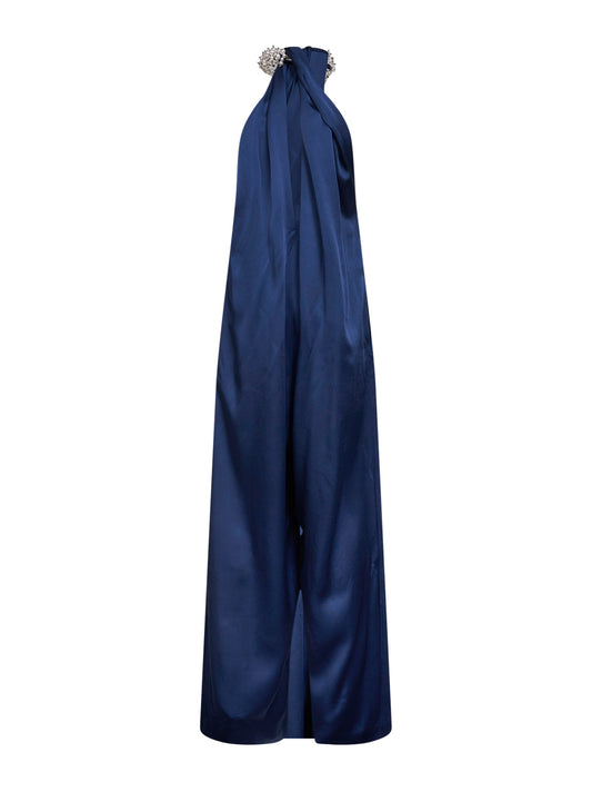Navy blue envers satin pearl-embellished jumpsuit