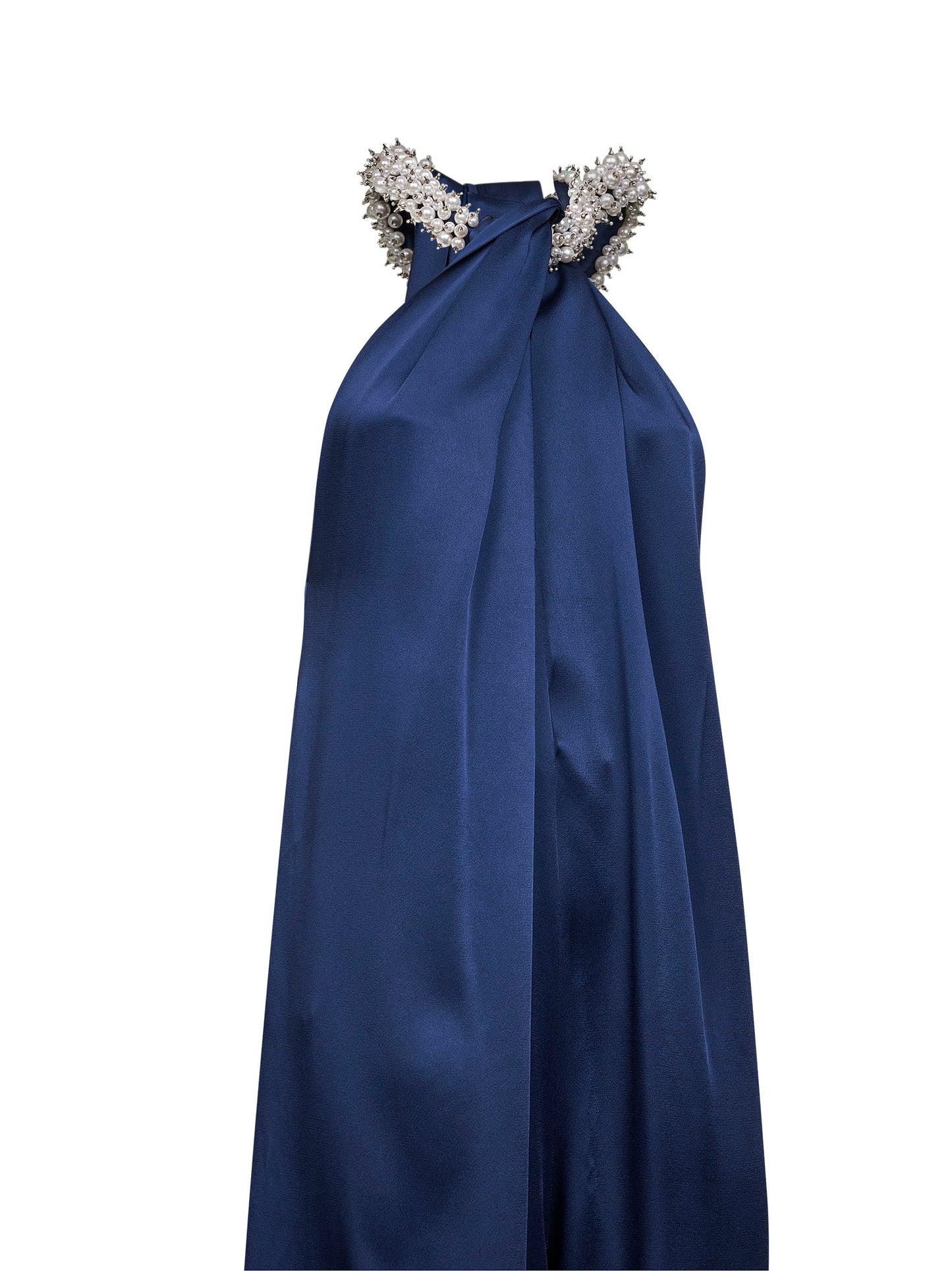 Navy blue envers satin pearl-embellished jumpsuit