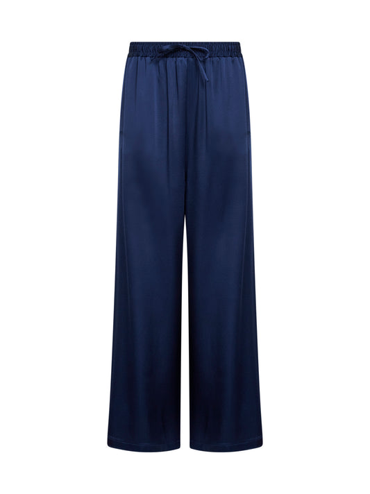 Navy blue satin oversized pajama-style trousers