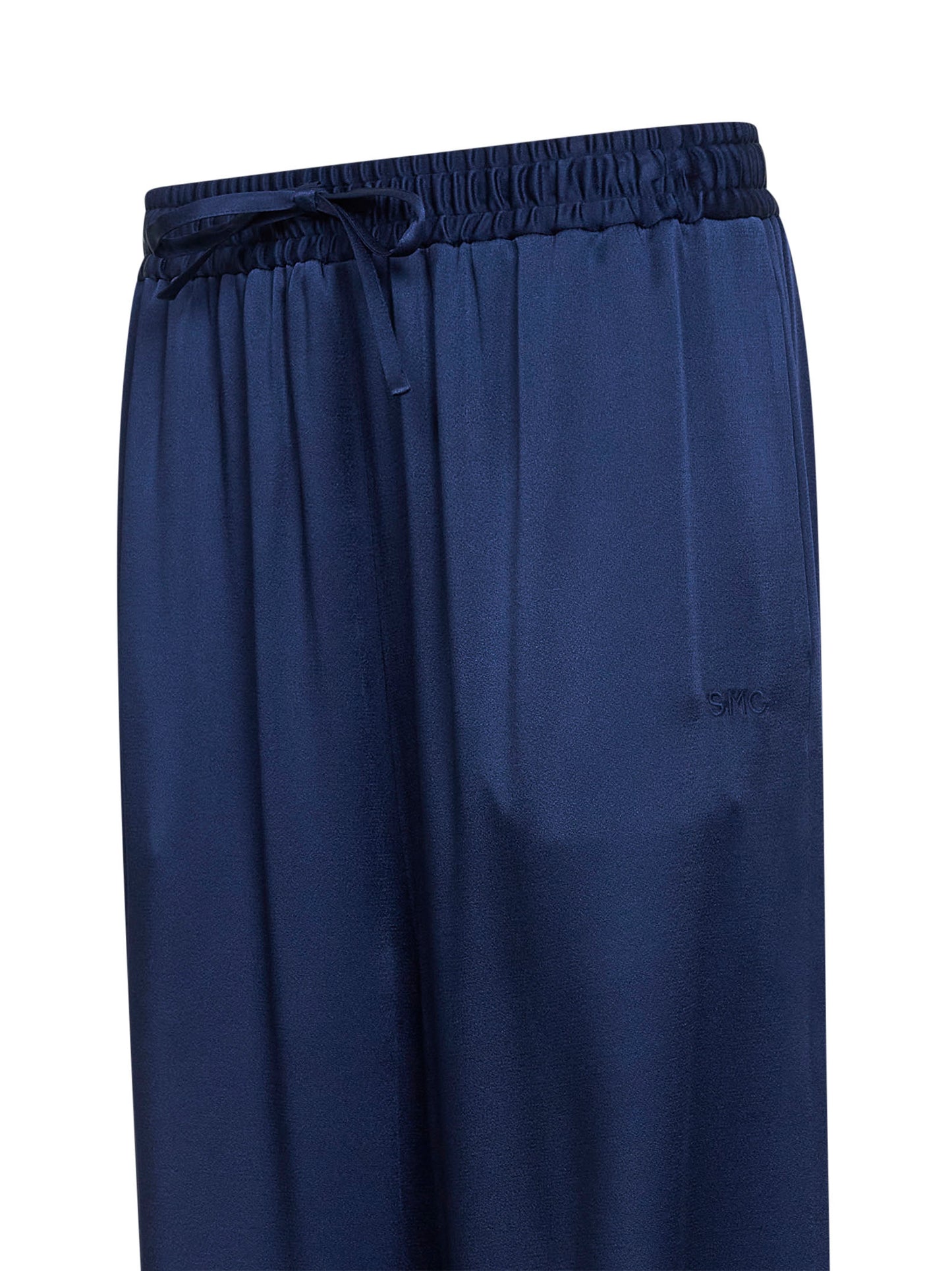 Navy blue satin oversized pajama-style trousers