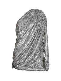 Miniabito drappeggiato in velluto lamé animalier argento