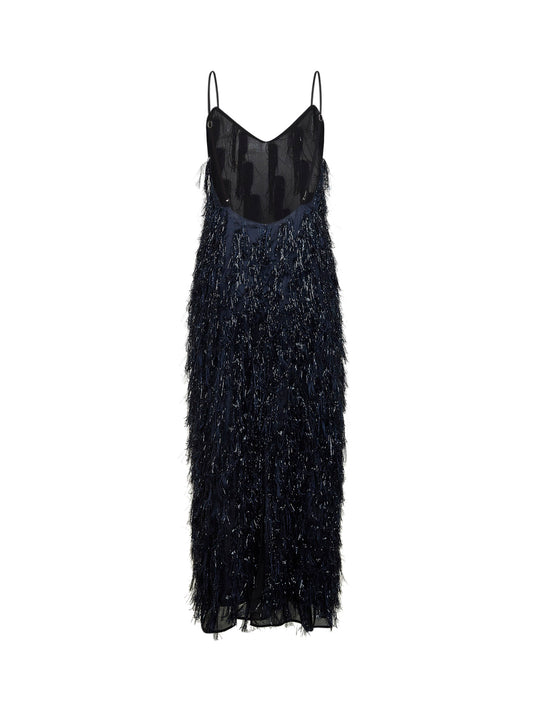 Abito lungo in misto viscosa con frange lurex blu navy