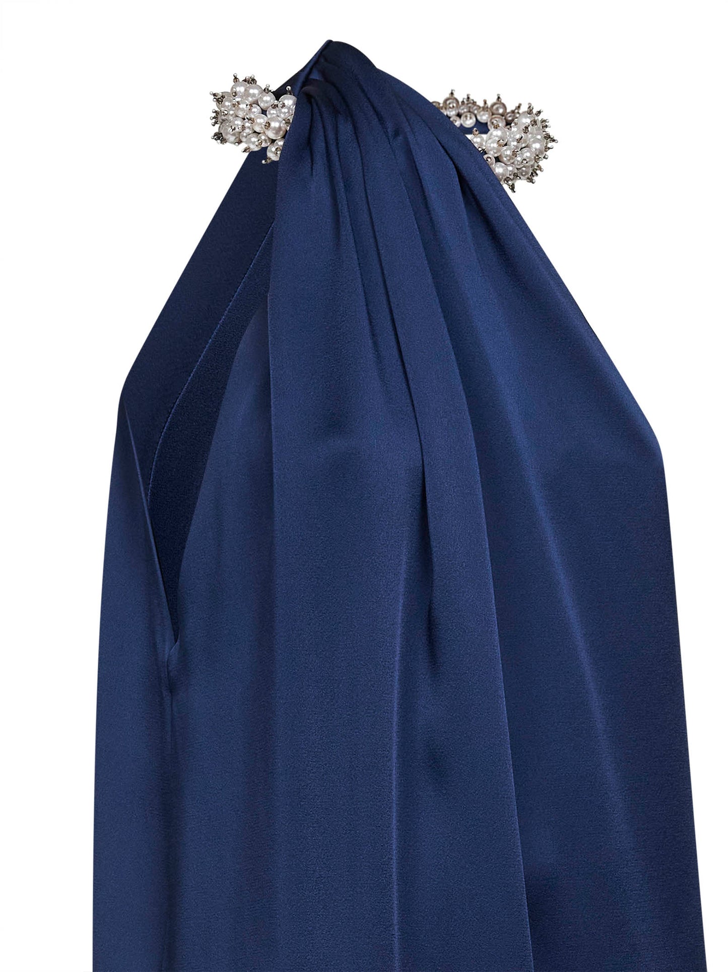 Miniabito monospalla in envers satin blu navy con perle