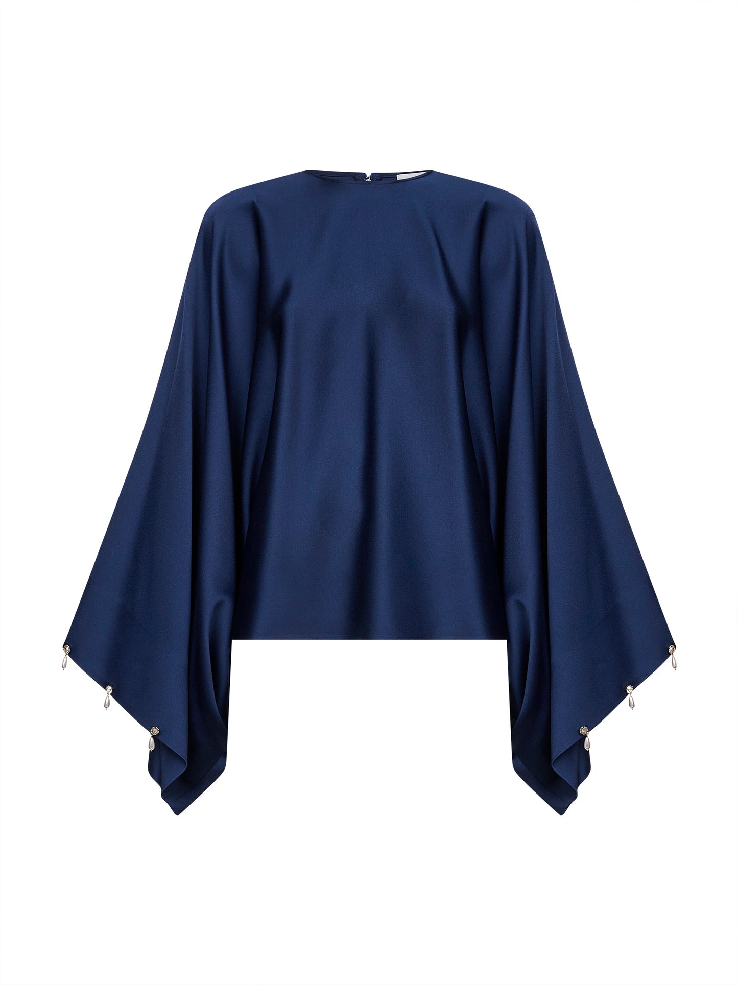 Blusa in envers satin blu navy con perle e cristalli