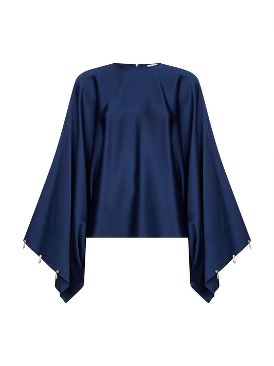 Blusa in envers satin blu navy con perle e cristalli