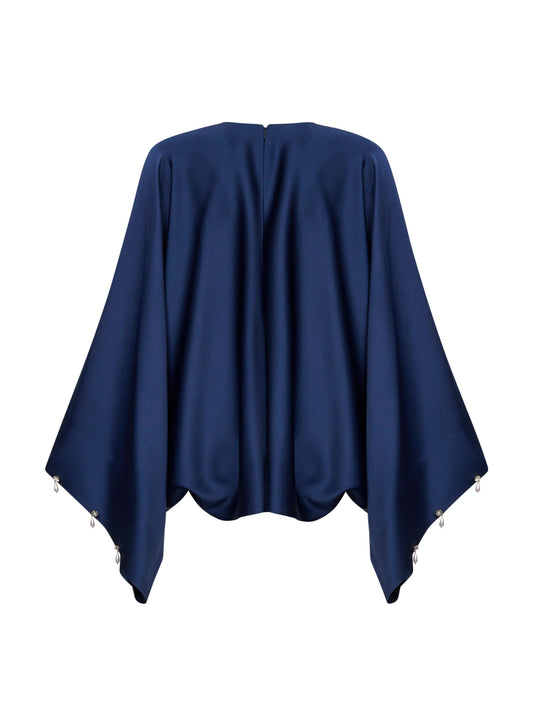 Blusa in envers satin blu navy con perle e cristalli
