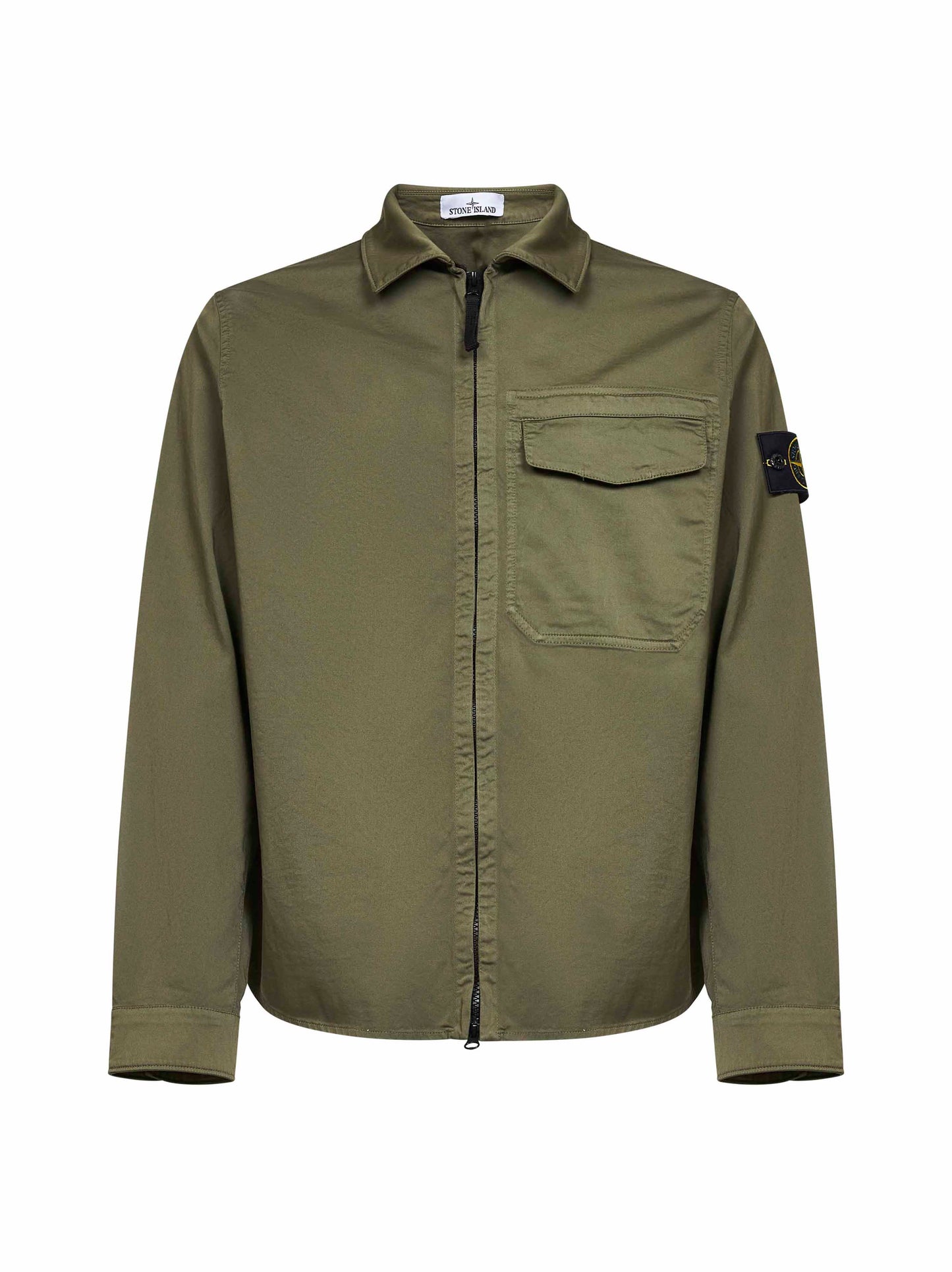 Overshirt in raso di cotone biologico stretch verde militare