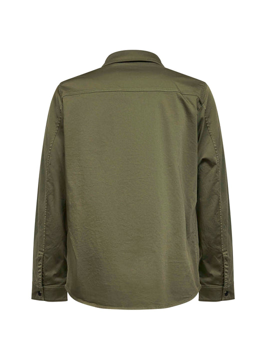 Military green stretch organic cotton satin overshirt