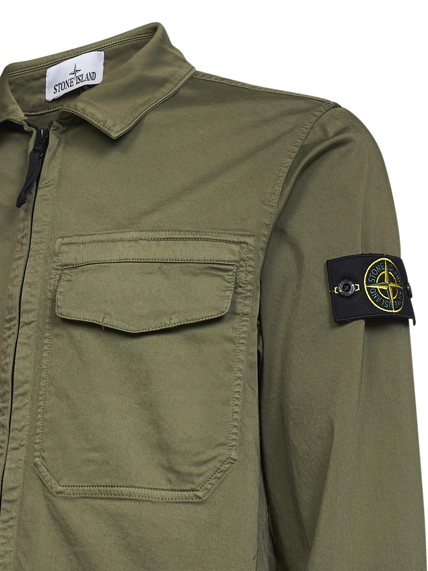 Overshirt in raso di cotone biologico stretch verde militare