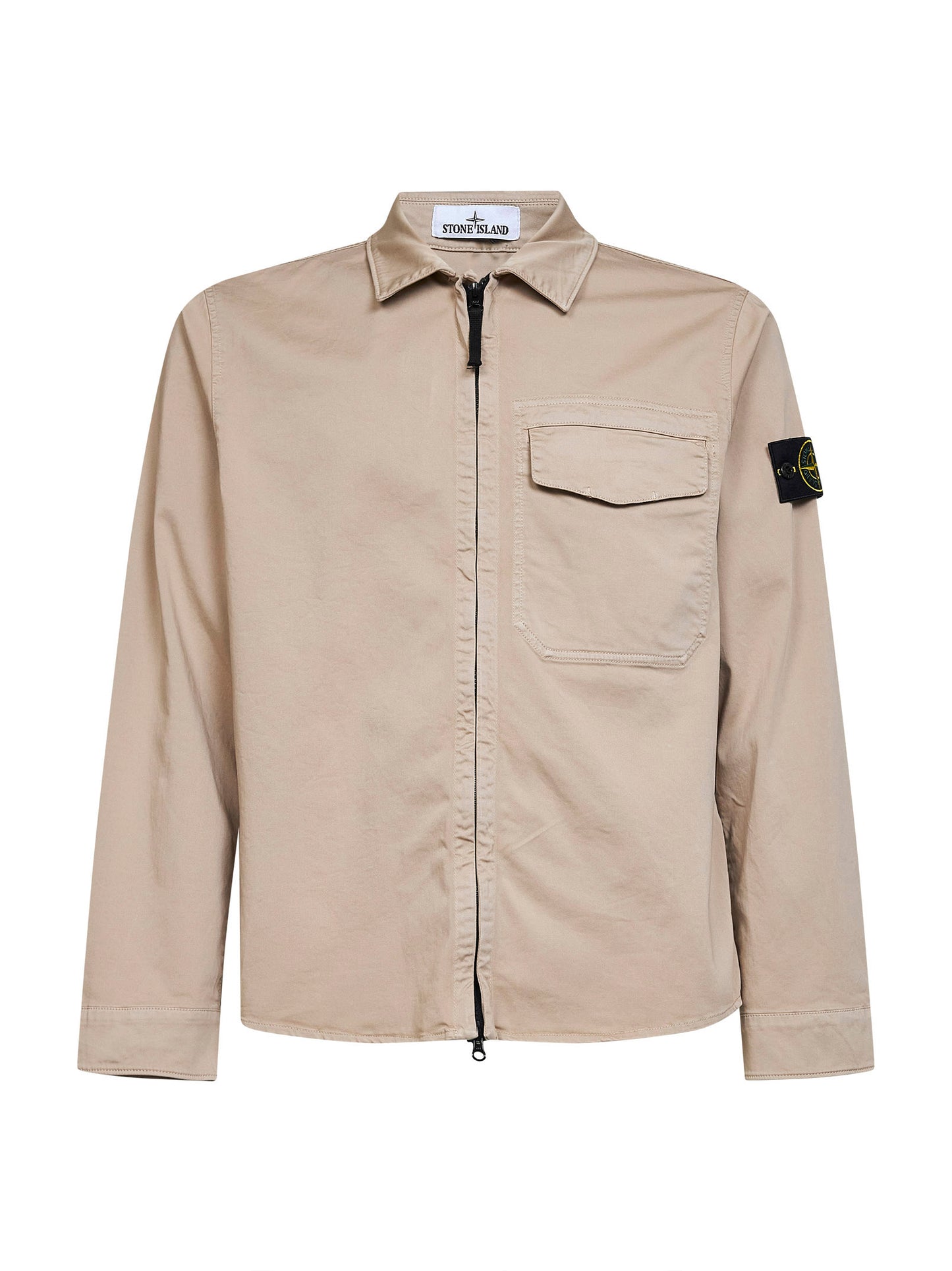 Overshirt in raso di cotone biologico stretch deserto