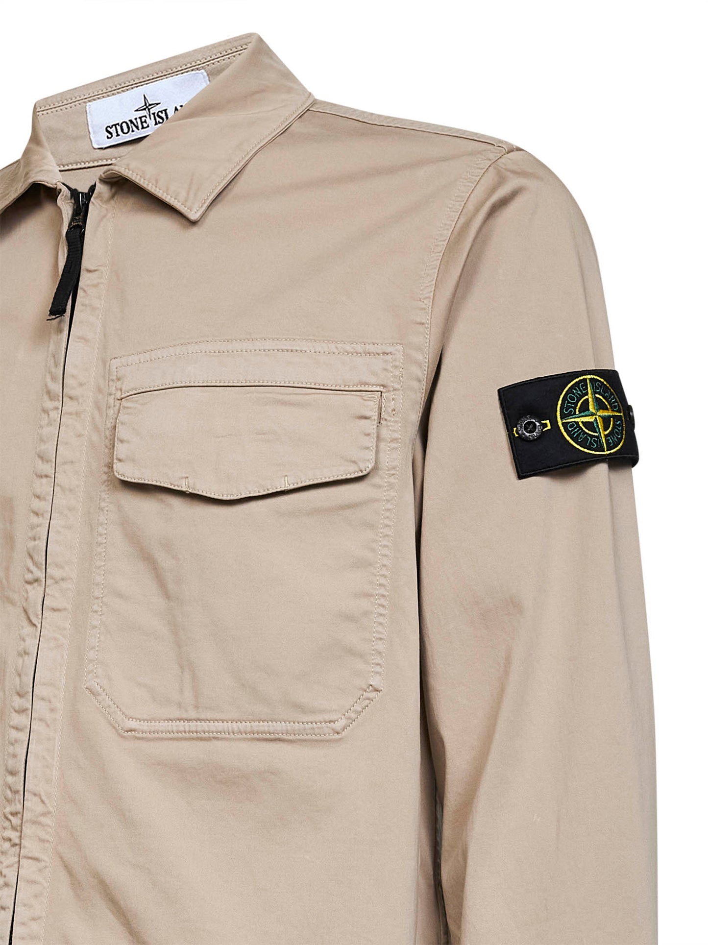 Overshirt in raso di cotone biologico stretch deserto