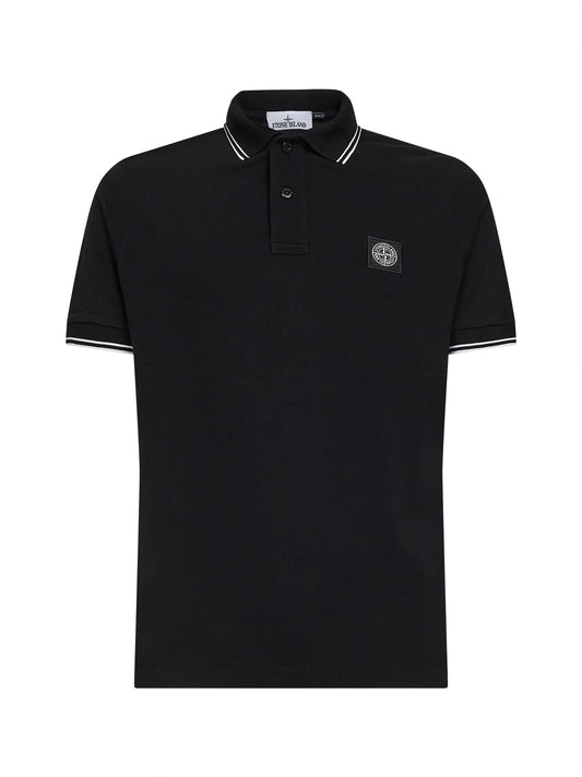 Black stretch organic cotton pique polo shirt