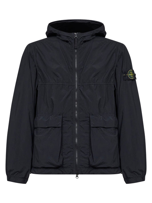 Black nylon short hooded parka<BR/>