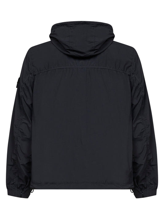 Black nylon short hooded parka<BR/>